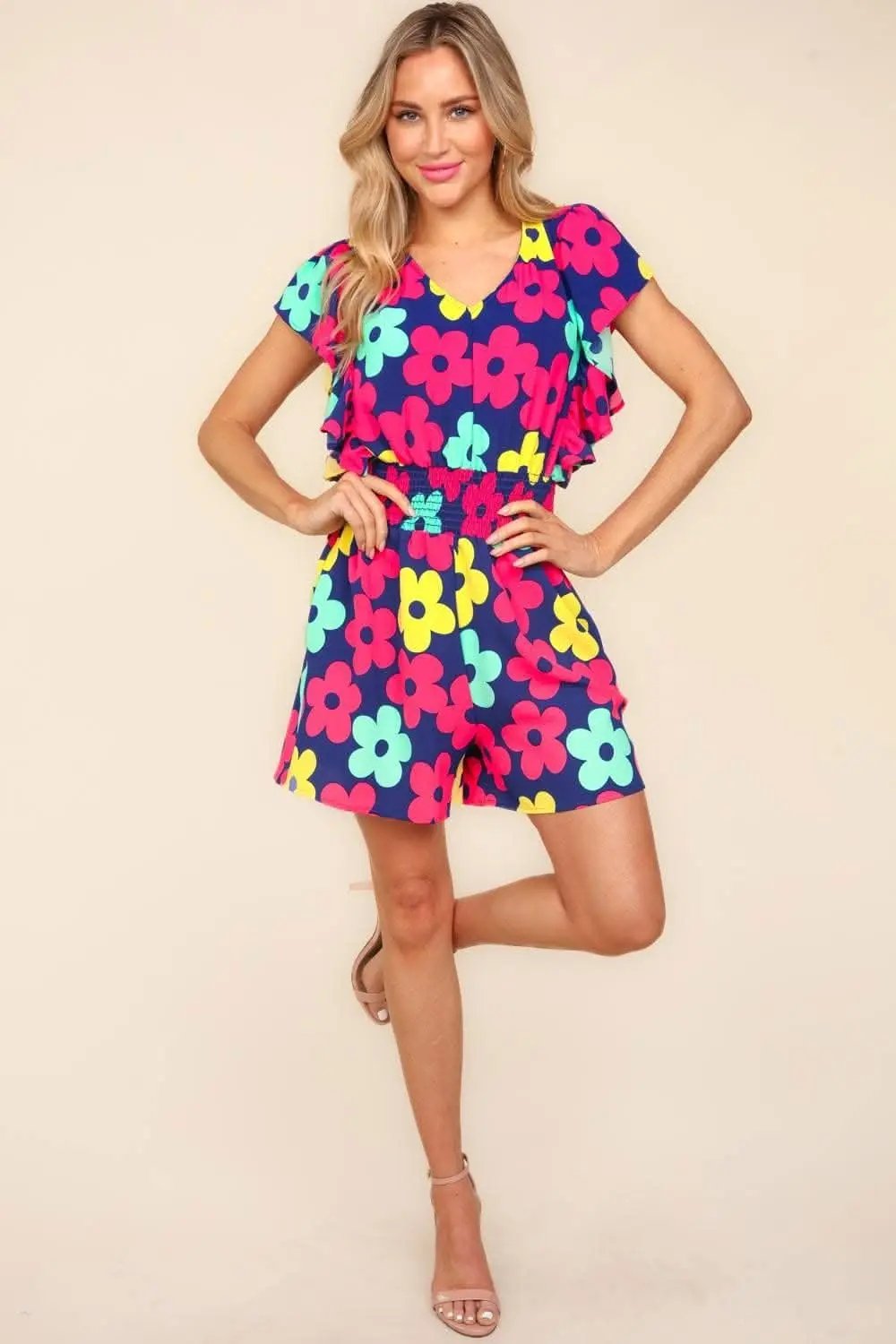 Haptics Floral Smocked Waist Romper with Side Pockets - Love Salve